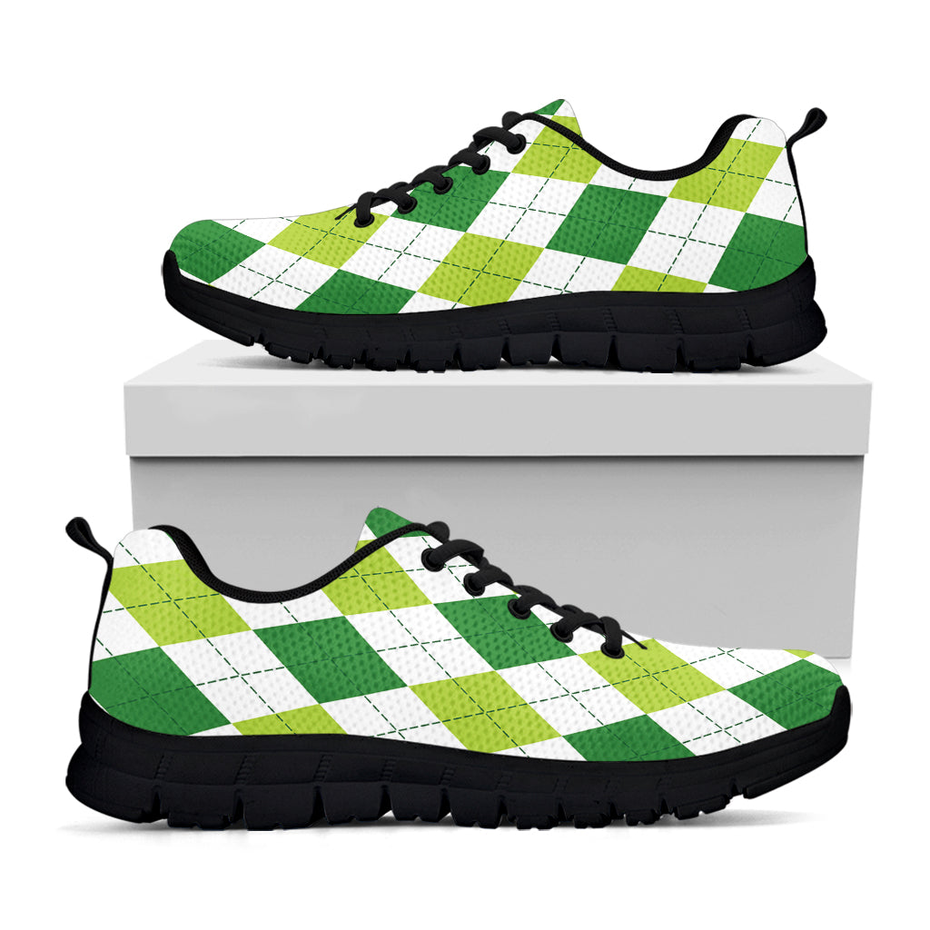 White And Green Argyle Pattern Print Black Sneakers