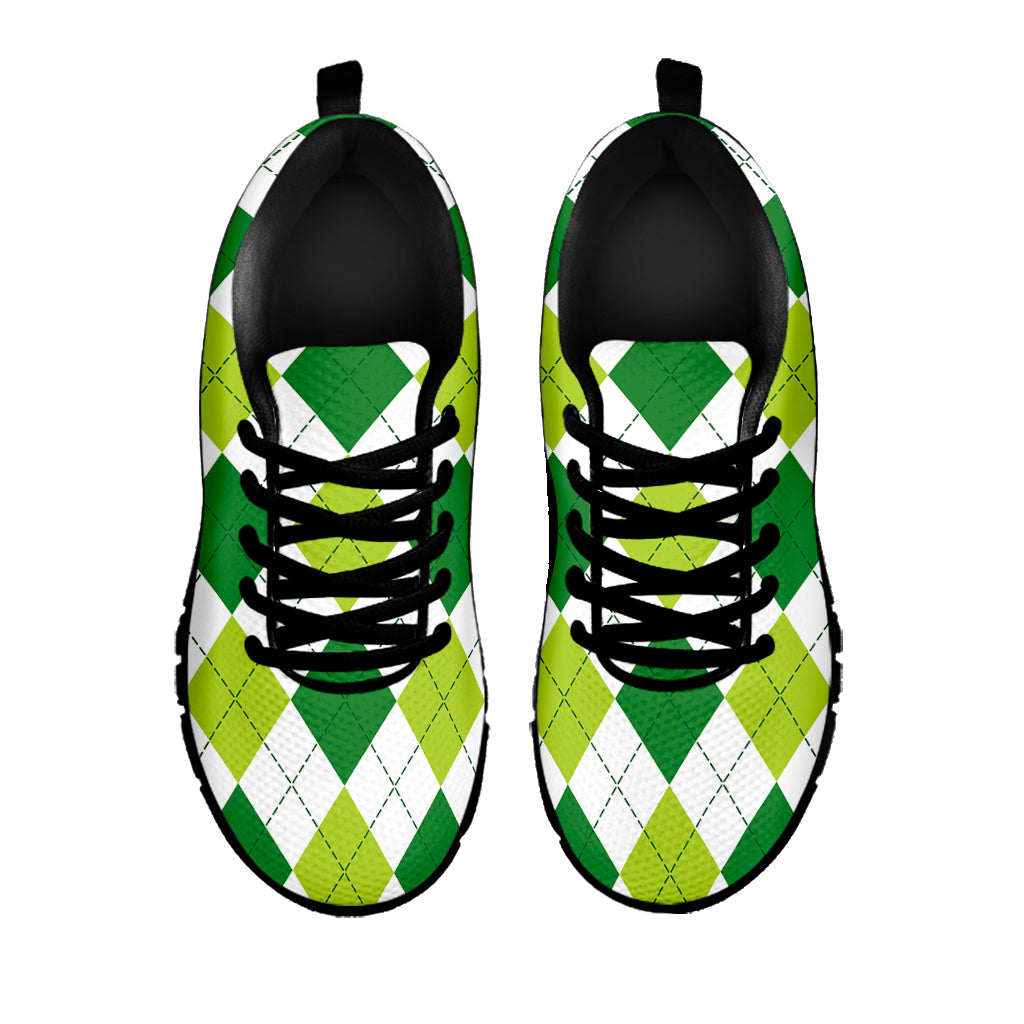 White And Green Argyle Pattern Print Black Sneakers