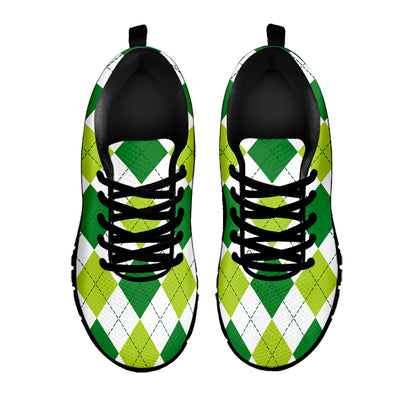 White And Green Argyle Pattern Print Black Sneakers