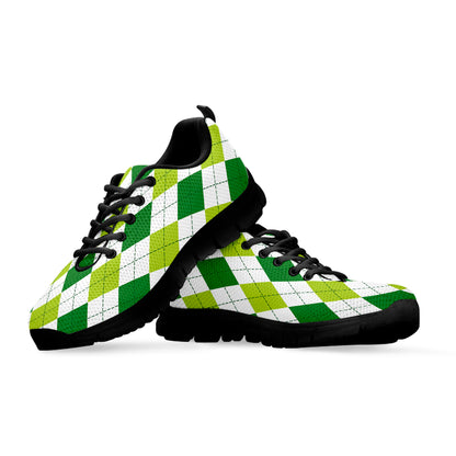 White And Green Argyle Pattern Print Black Sneakers