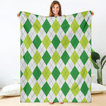 White And Green Argyle Pattern Print Blanket