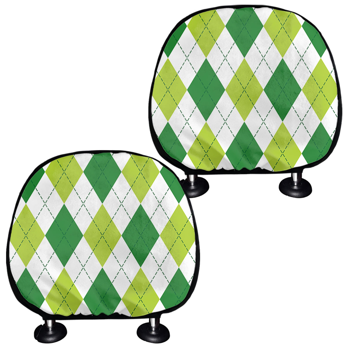 White And Green Argyle Pattern Print Car Headrest Covers