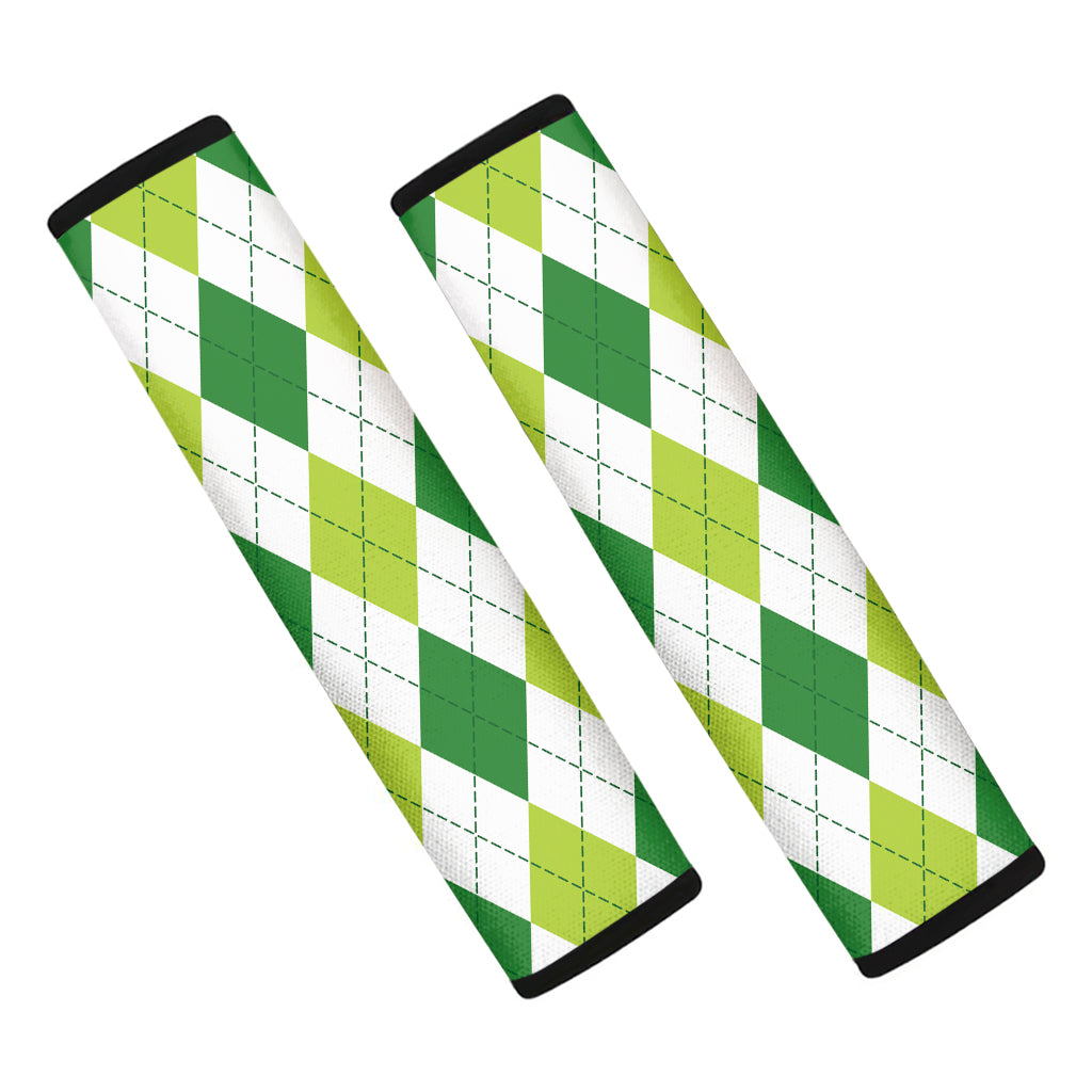 White And Green Argyle Pattern Print Car Seat Belt Covers