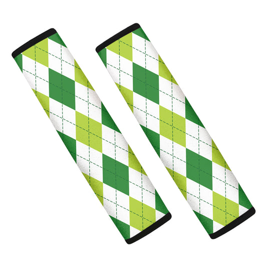 White And Green Argyle Pattern Print Car Seat Belt Covers