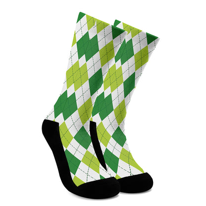 White And Green Argyle Pattern Print Crew Socks