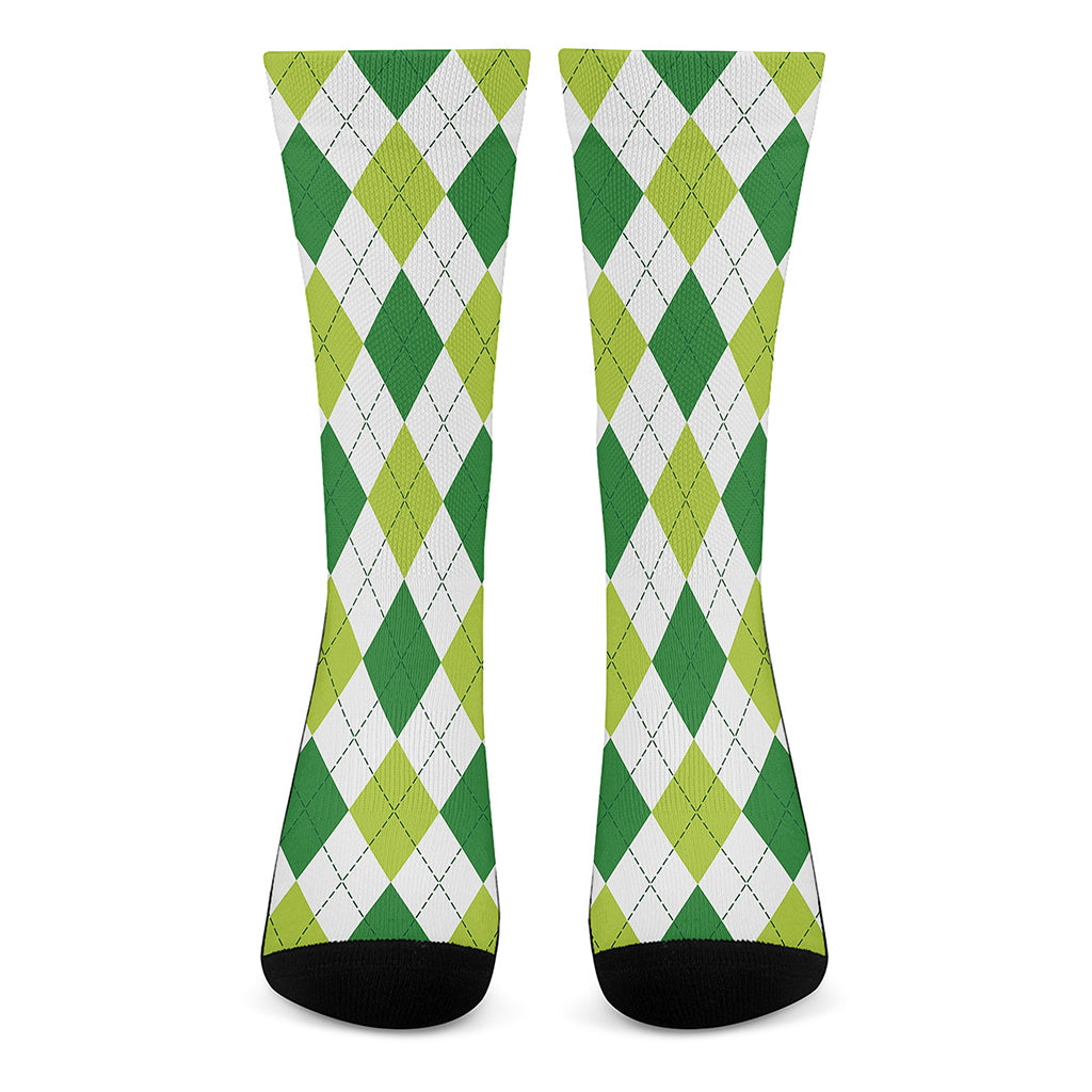 White And Green Argyle Pattern Print Crew Socks