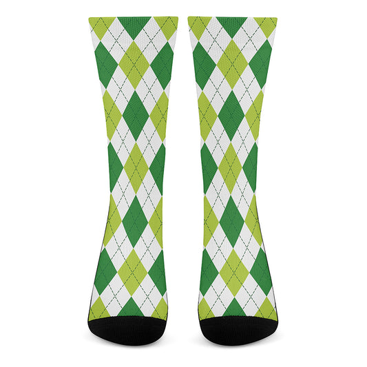 White And Green Argyle Pattern Print Crew Socks