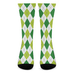 White And Green Argyle Pattern Print Crew Socks