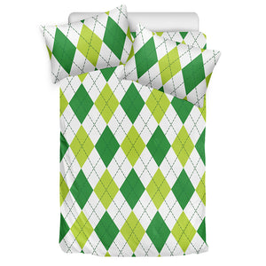 White And Green Argyle Pattern Print Duvet Cover Bedding Set