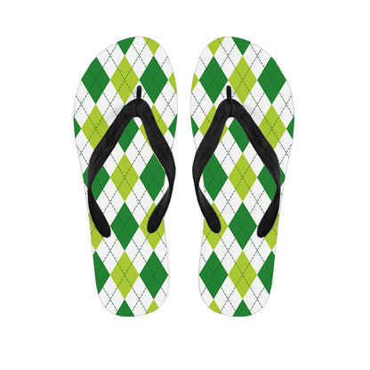 White And Green Argyle Pattern Print Flip Flops