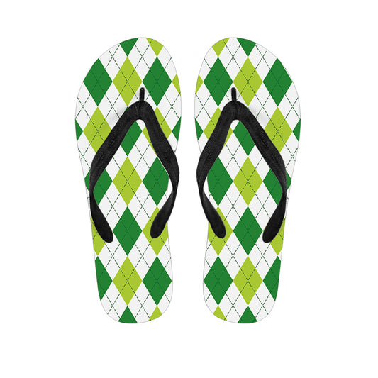 White And Green Argyle Pattern Print Flip Flops
