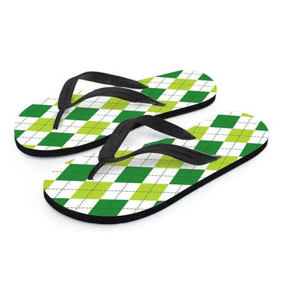 White And Green Argyle Pattern Print Flip Flops