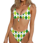 White And Green Argyle Pattern Print Front Bow Tie Bikini