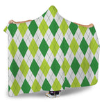 White And Green Argyle Pattern Print Hooded Blanket