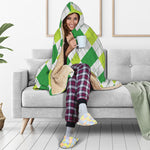 White And Green Argyle Pattern Print Hooded Blanket