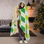 White And Green Argyle Pattern Print Hooded Blanket