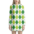 White And Green Argyle Pattern Print Pullover Hoodie Dress