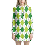 White And Green Argyle Pattern Print Hoodie Dress