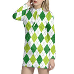 White And Green Argyle Pattern Print Hoodie Dress
