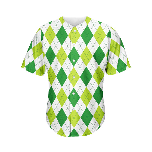 White And Green Argyle Pattern Print Men's Baseball Jersey