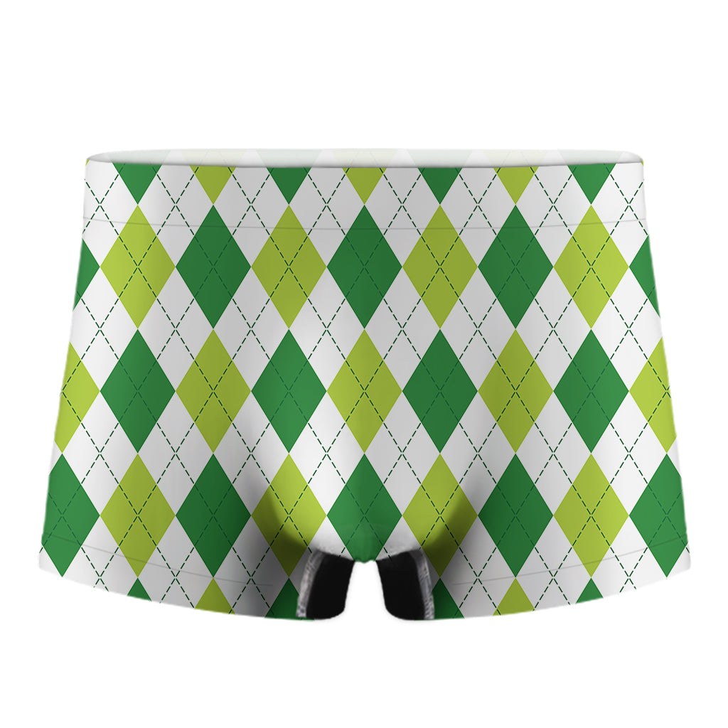 White And Green Argyle Pattern Print Men's Boxer Briefs