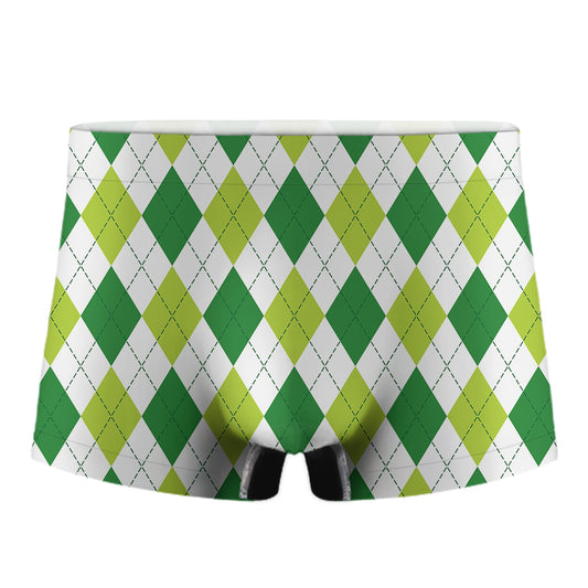 White And Green Argyle Pattern Print Men's Boxer Briefs