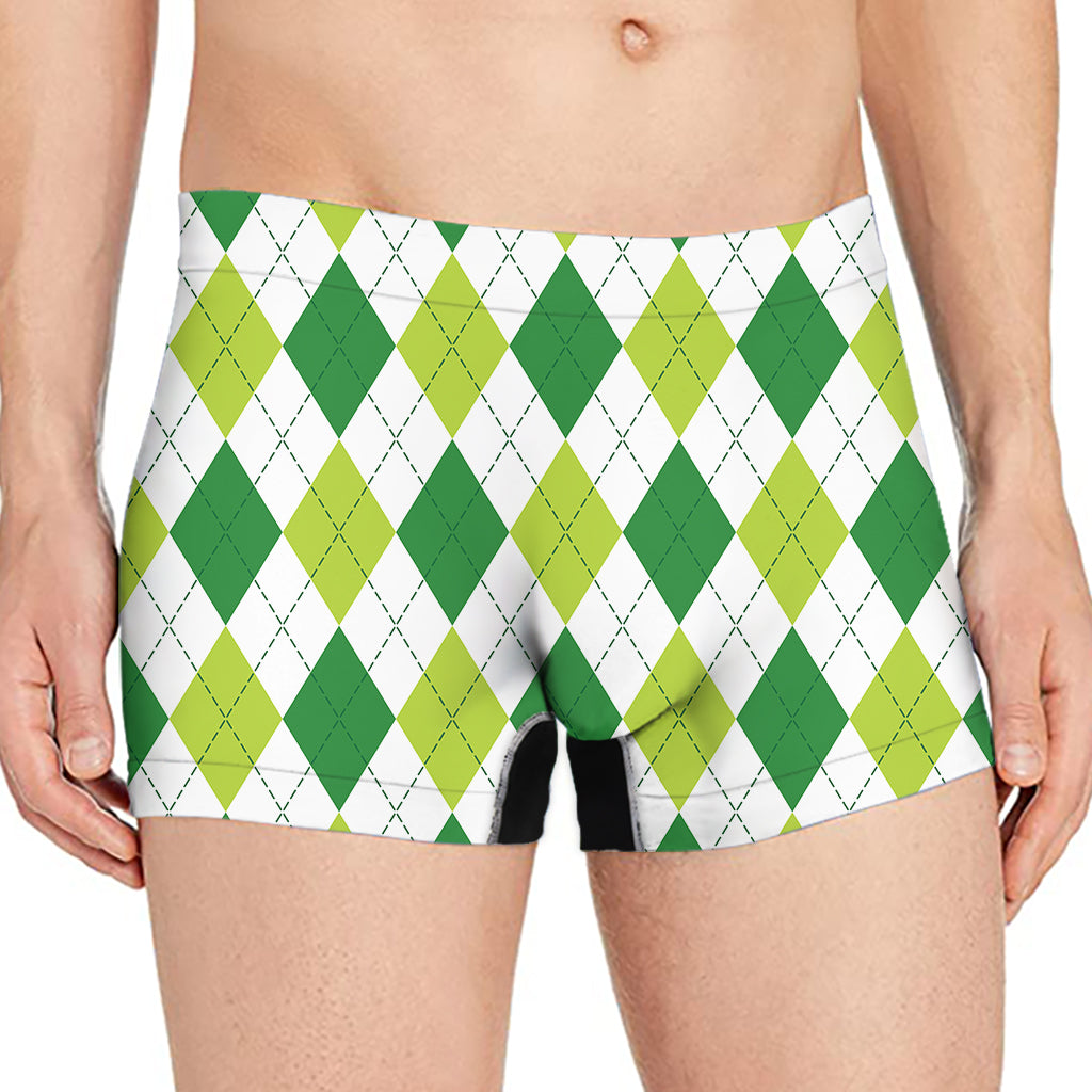 White And Green Argyle Pattern Print Men's Boxer Briefs