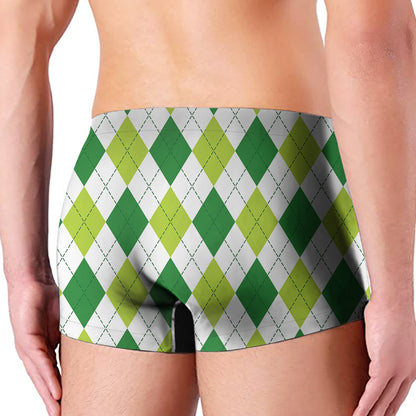 White And Green Argyle Pattern Print Men's Boxer Briefs