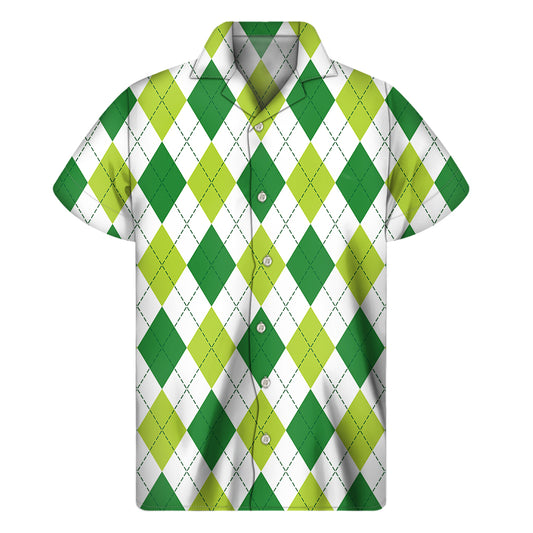 White And Green Argyle Pattern Print Men's Short Sleeve Shirt