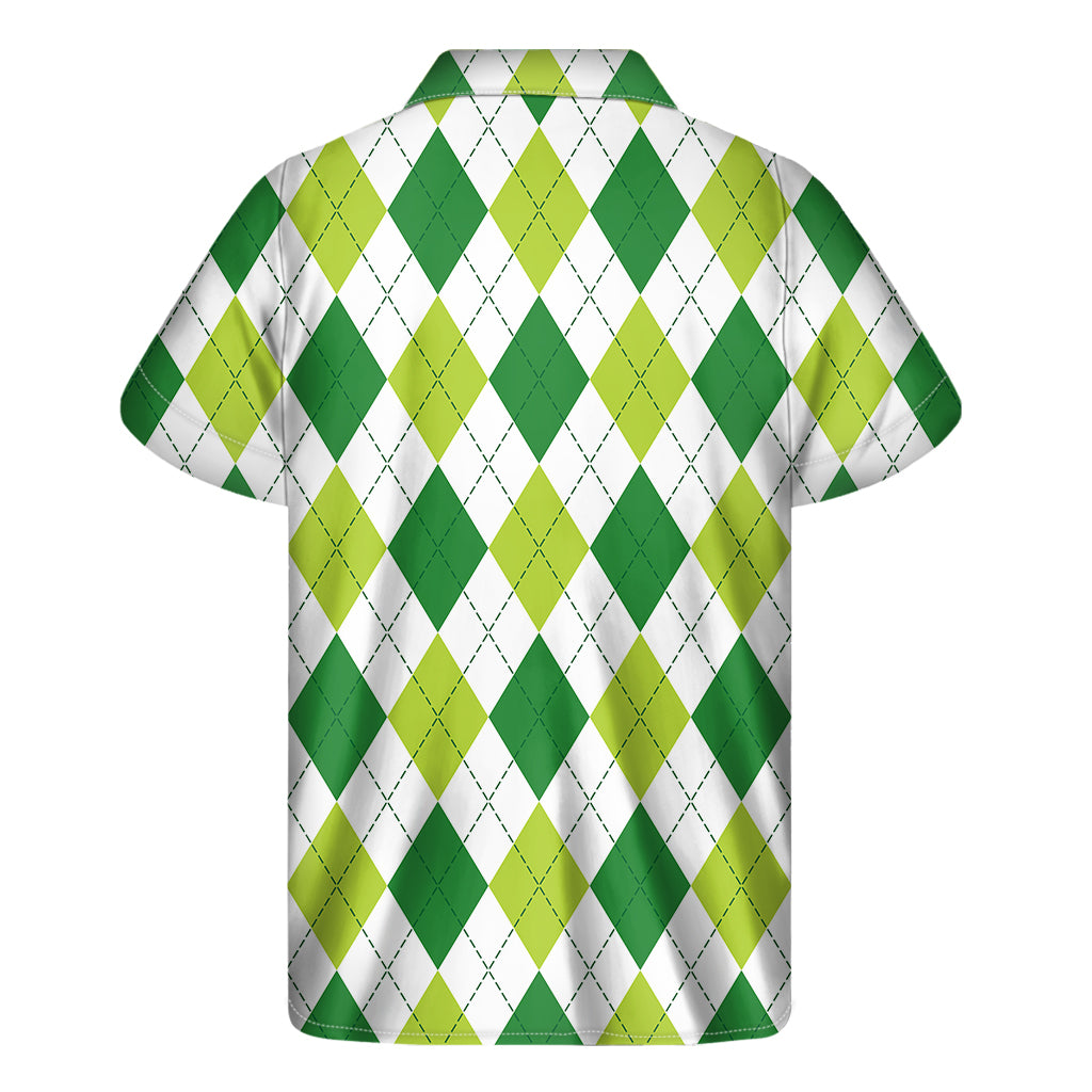 White And Green Argyle Pattern Print Men's Short Sleeve Shirt