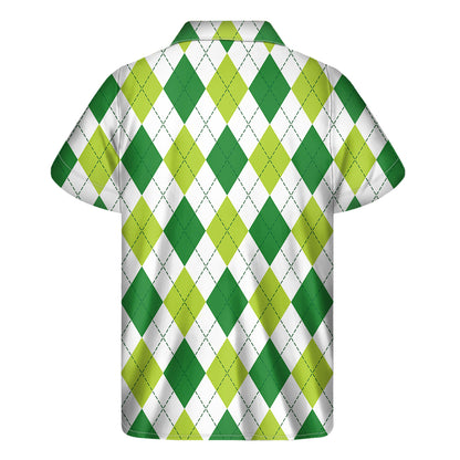 White And Green Argyle Pattern Print Men's Short Sleeve Shirt