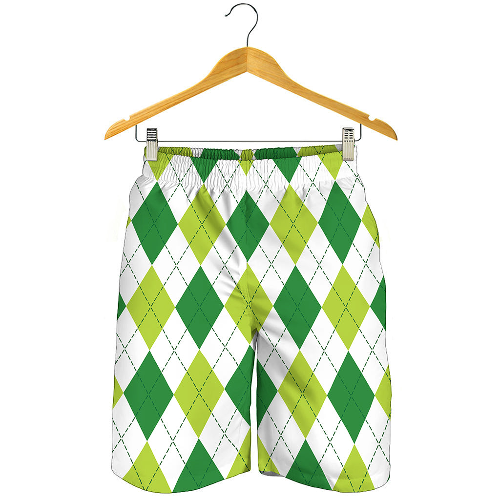 White And Green Argyle Pattern Print Men's Shorts
