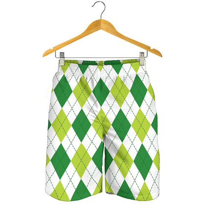 White And Green Argyle Pattern Print Men's Shorts