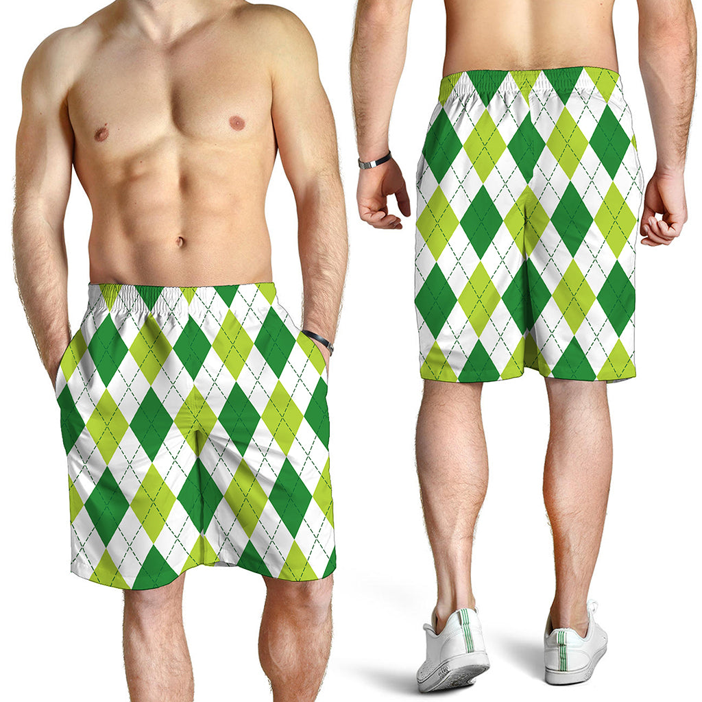 White And Green Argyle Pattern Print Men's Shorts