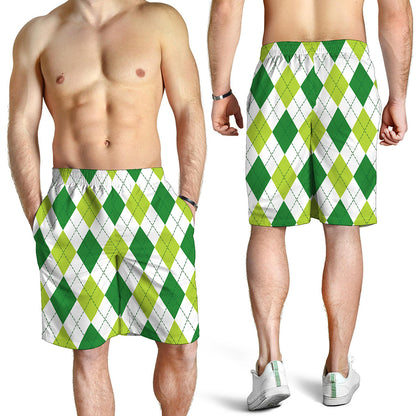 White And Green Argyle Pattern Print Men's Shorts