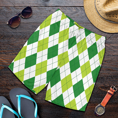 White And Green Argyle Pattern Print Men's Shorts