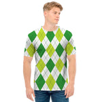 White And Green Argyle Pattern Print Men's T-Shirt