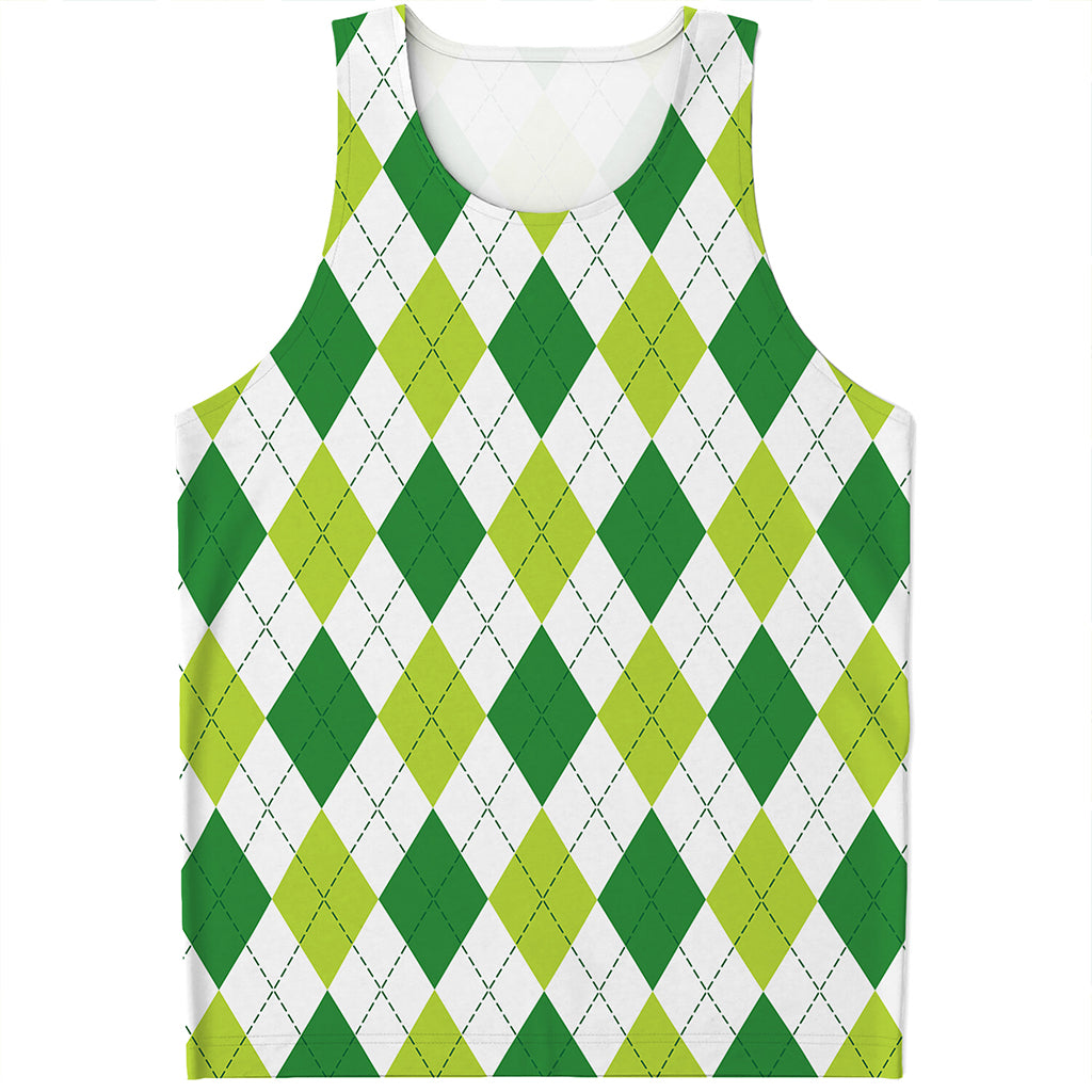 White And Green Argyle Pattern Print Men's Tank Top