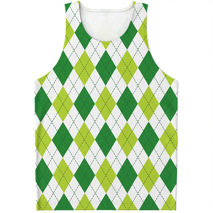 White And Green Argyle Pattern Print Men's Tank Top