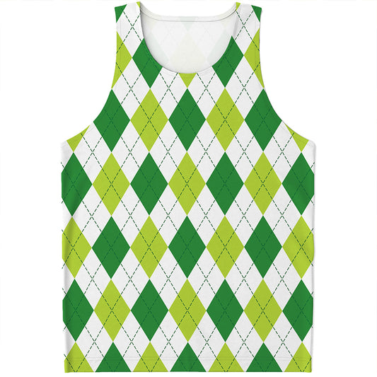 White And Green Argyle Pattern Print Men's Tank Top