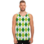 White And Green Argyle Pattern Print Men's Tank Top