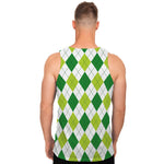 White And Green Argyle Pattern Print Men's Tank Top