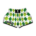 White And Green Argyle Pattern Print Muay Thai Boxing Shorts