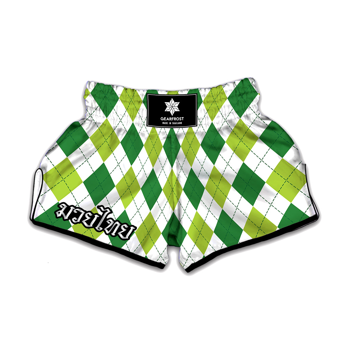 White And Green Argyle Pattern Print Muay Thai Boxing Shorts