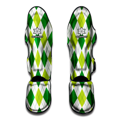 White And Green Argyle Pattern Print Muay Thai Shin Guard