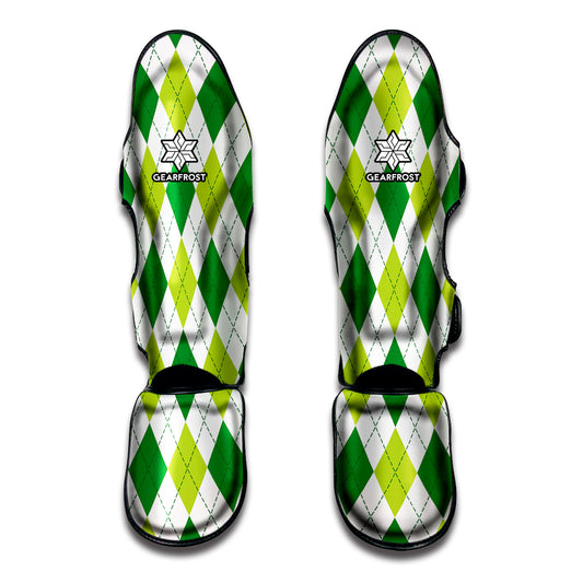 White And Green Argyle Pattern Print Muay Thai Shin Guard