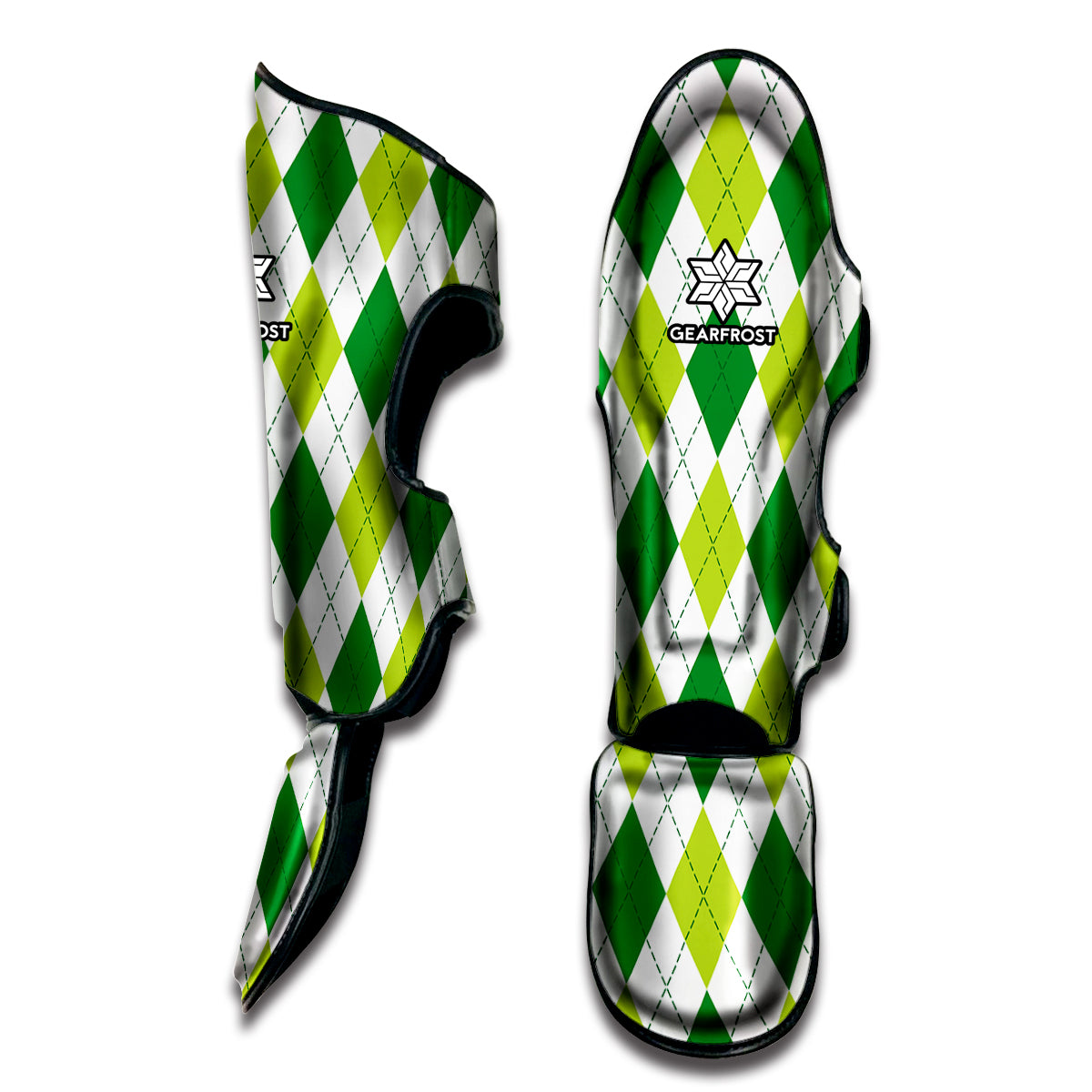 White And Green Argyle Pattern Print Muay Thai Shin Guard