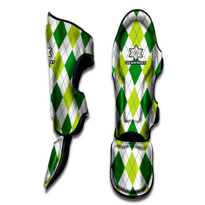 White And Green Argyle Pattern Print Muay Thai Shin Guard