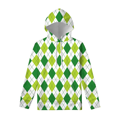 White And Green Argyle Pattern Print Pullover Hoodie