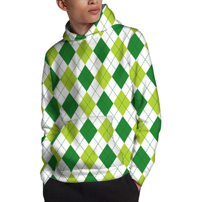 White And Green Argyle Pattern Print Pullover Hoodie